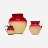 Collection of Wheeling Peach Blow vessels by Brockunier J.H. Hobbs & Co., c. 1885, hand-blown and cased glass, plated metal, sold Oct 2023