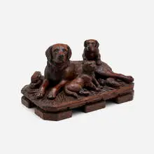 Black Forest, Entlebucher Mountain Dog and Puppies sculpture, c. 1890, carved and varnished wood, glass
