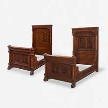 Aesthetic Movement, Twin-size bed frames, pair, c. 1880, walnut, burl veneer