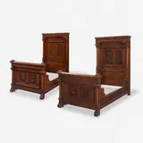 Aesthetic Movement, Twin-size bed frames, pair, c. 1880, walnut, burl veneer