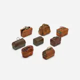 Antique, Collection of eight travel inkwells, c. 1900, leather, copper, brass, pewter, painted steel, glass, cork