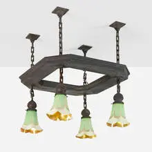 Quezal, Four-light chandelier with Pulled Feather shades, c. 1915, hand-blown glass, patinated brass