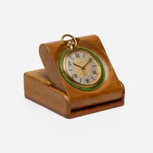 Juvenia, Travel clock, c. 1940, wood, brass, steel, glass, fabric