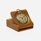 Juvenia, Travel clock, c. 1940, wood, brass, steel, glass, fabric