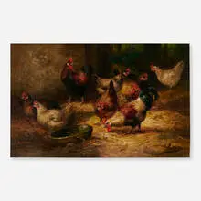 August Laux, Hens and Roosters, oil on board