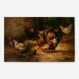 August Laux, Hens and Roosters, oil on board