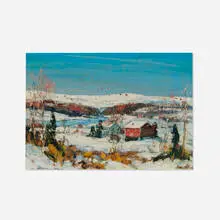 Walter Emerson Baum, Red Barn and Farm House in Snow, oil and pencil on board