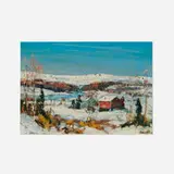 Walter Emerson Baum, Red Barn and Farm House in Snow, oil and pencil on board