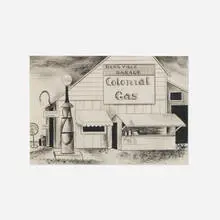 Konrad Cramer, Study for Roy's Gas Station (Barsville Garage, Colonial Gas Station), 1931, pen, pencil and charcoal on paper