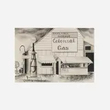 Konrad Cramer, Study for Roy's Gas Station (Barsville Garage, Colonial Gas Station), 1931, pen, pencil and charcoal on paper