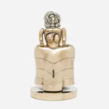 La Menina II and Portrait de Michele by Miguel Berrocal, brass, chrome-plated brass, enamel; nickel-plated Zamak, gold-plated brass, enamel, cubic zirconia, sold Feb 2014