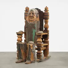 Marisol Escobar, Portrait of Willem de Kooning, 1980, charcoal and gouache on hand carved oak and ash, colored resin