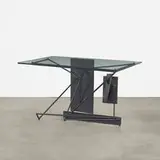 Renato Bassoli, console, c. 1955, welded and blackened steel, glass, bronze