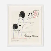 Untitled (Olive Oil Mickey Mouse) by Ray Johnson, c. 1973, ink on paper, sold Feb 2014
