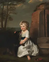 George James, Portrait of Sir Frederick Morton Eden as a child, seated on a stone step, patting a dog's head, wearing a white dress and red slippers, oil on canvas