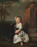 George James, Portrait of Sir Frederick Morton Eden as a child, seated on a stone step, patting a dog's head, wearing a white dress and red slippers, oil on canvas