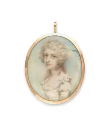 Andrew Plimer, A portrait miniature of a lady wearing white dress with pearl trim, her hair powdered., watercolour on ivory, gold frame, the reverse glazed to reveal plaited hair