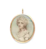 Andrew Plimer, A portrait miniature of a lady wearing white dress with pearl trim, her hair powdered., watercolour on ivory, gold frame, the reverse glazed to reveal plaited hair