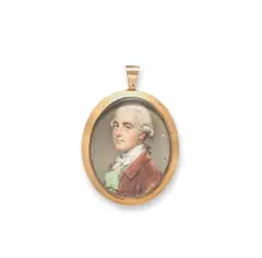 John Smart, A portrait miniature of a gentleman, traditionally identified as Sir John Eden, wearing a brown coat over his green waistcoat, white chemise and stock, his powdered wig worn en queue and tied with black ribbon., watercolour on ivory