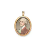 John Smart, A portrait miniature of a gentleman, traditionally identified as Sir John Eden, wearing a brown coat over his green waistcoat, white chemise and stock, his powdered wig worn en queue and tied with black ribbon., watercolour on ivory