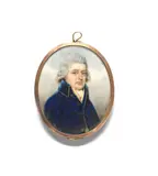 Nathaniel Plimer, A portrait miniature of a gentleman, wearing a blue coat with yellow piping over his yellow waistcoat and white chemise., watercolour on ivory, gold frame, the reverse set with an early 19th century portrait miniature of a young gentleman, bearing signature, by Charles