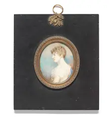 Jeremiah Steele, A portrait miniature of Miss Charlotte Eden, in profile, facing left, wearing a white dress and blue stole.