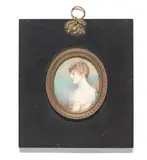 Jeremiah Steele, A portrait miniature of Miss Charlotte Eden, in profile, facing left, wearing a white dress and blue stole.