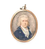 Charles Shirreff, A portrait miniature of a gentleman, wearing a blue coat over his yellow waistcoat, scarlet solitaire, white chemise and tied stock, his hair powdered., watercolour on ivory, gold frame, the reverse with a glazed hairwork compartment within a surround of blue glass