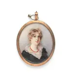 Mrs. Anne Mee, A portrait miniature of the Honourable Eleanor Eden, Countess of Buckinghamshire, wearing a black dress over her frilled white chemise, her hair upswept over a coral bead necklace., watercolour on ivory, gilt-metal mount, engraved, Hon Eleanor Eden Countess of Buckinghamshire