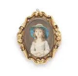 English School, A portrait miniature of a young girl, wearing a white dress with frilled lace trim and a broad rimmed blue hat with yellow ribbon., watercolour on ivory, set within a mid-19th century scrolling mount, engraved with foliate detail
