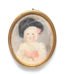 English School, An infant girl said to be the Hon. H. F. L. Lavender, wearing a white dress with a pink sash and a white bonnet dressed with pink ribbon beneath her black hat., watercolour on ivory, gilt-metal mount, card backing verso bearing handwritten inscription, the Honble H. F. L. Lavender/ born 1789