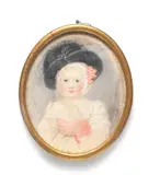 English School, An infant girl said to be the Hon. H. F. L. Lavender, wearing a white dress with a pink sash and a white bonnet dressed with pink ribbon beneath her black hat., watercolour on ivory, gilt-metal mount, card backing verso bearing handwritten inscription, the Honble H. F. L. Lavender/ born 1789
