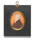 Edward Miles, A portrait miniature of Sir John Eden, 4th Baronet (1740-1812), wearing a brown coat over his white waistcoat and cravat, his powdered wig tied with ribbon.