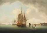 R.N. Lieut. William Elliott, The West Indiaman Boddingtons leaving St. Kitts, oil on canvas