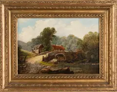 View in North Wales; and View near Pentland Hills by William Currie, oil on board, sold Jun 2023
