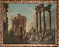 Giovanni Paolo Panini, An architectural capriccio with soldiers before ruins, oil on canvas