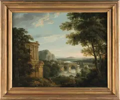 Michael Angelo Rooker, An Italianate landscape with a temple and a ruined building, oil on canvas
