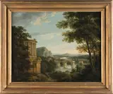 Michael Angelo Rooker, An Italianate landscape with a temple and a ruined building, oil on canvas
