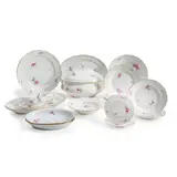 Meissen, Porcelain Lace Floral Dinner Service, each with enamel decoration in a purplish-pink, including a covered soup tureen, handle to handle lg