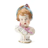 Meissen, Porcelain Allegorical Bust of Summer, modeled by Heinrich Schwabe, polychrome enameled and gilded, child wearing a hat adorned with flowers, crossed swords mark, ht