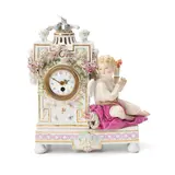 Meissen, Porcelain Clock with Cupid, polychrome enameled and gilded with love birds seated atop an architectural clock case, a seated cupid figure with torch to one side, ht