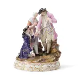 Meissen, Porcelain Figural Group, polychrome enameled and gilded a standing male figure gesturing to a kneeling male as a maiden looks on, crossed swords mark, ht
