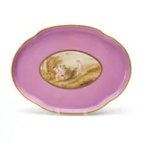 Wedgwood Earthenware Tea Tray, England, second half 19th century,, oval shape polychrome enameled with central cartouche of children playing, bordered in a strong purplish-pink ground, impressed mark, lg