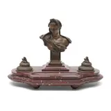 Bronze and Marble Inkstand, France, 19th century,, classical male portrait titled "La Pensee" flanked by two inkpots, all set atop a rouge marble stand, lg