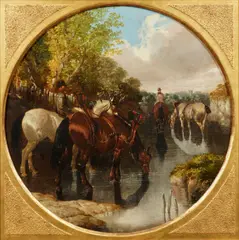 Snr. John Frederick Herring, Watering the Horses, oil on canvas, circular