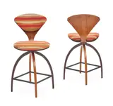 Norman Cherner, Pair of Barstools, molded plywood, enameled metal, boucle upholstery