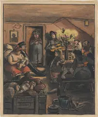 Weihnachten by Heinrich Zille, Aquarell, Tuschfeder und Kohle auf bräunlichem Karton, sold Nov 2024