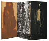 Markus Lüpertz, Paravent, 1986, Paravent aus 3 Holzflügeln, beidseitig mit Hohleisen bearbeitet und mit Acryl bemalt, der mittlere Flügel beidseitig mit bedruckter Leinwand bespannt