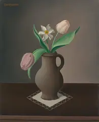 Josef Mangold, Tulpen und Narzisse in Tonkrug, Um 1925, Öl auf Holz