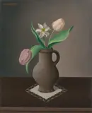 Josef Mangold, Tulpen und Narzisse in Tonkrug, Um 1925, Öl auf Holz